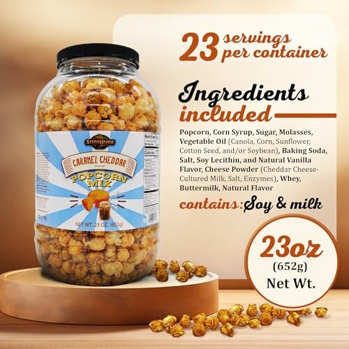 Jar of caramel cheddar popcorn with nutritional details.