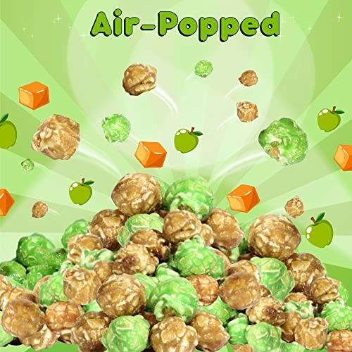 A pile of caramel and green apple flavored popcorn with caramel cubes and green apple graphics.