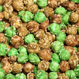 Close-up of caramel and matcha flavored popcorn.