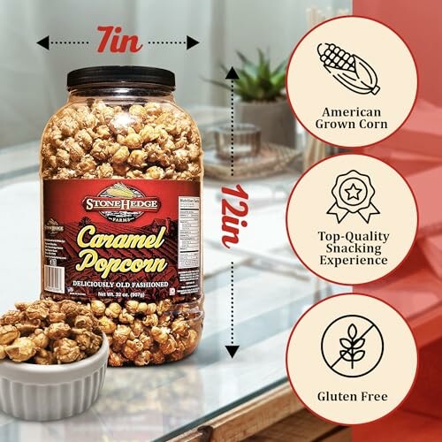 Jar of caramel popcorn with features: American grown corn, top-quality snacking, gluten-free.