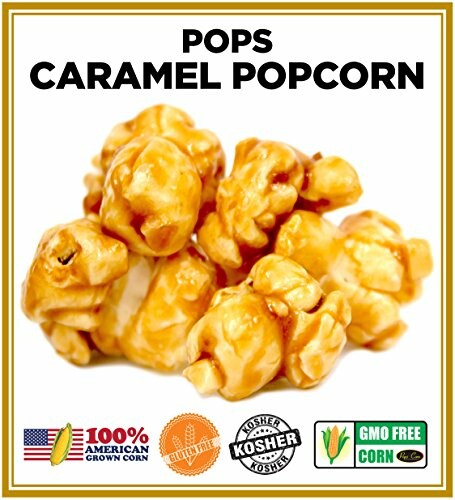 Caramel popcorn with labels for American grown corn, gluten free, kosher, and GMO free.