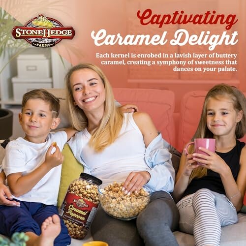 Family enjoying caramel popcorn on a couch.