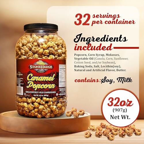 Stonehedge Caramel Popcorn jar with ingredients listed.